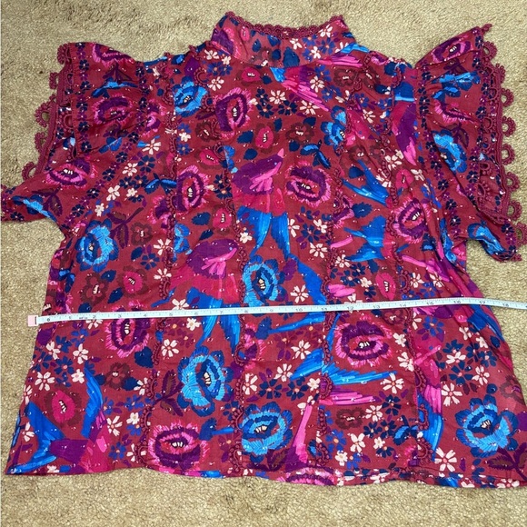 Farm RIO Floral Birds Blush Sleeves Red and Blue Blouse Size XS 100% Cotton - Picture 14 of 14